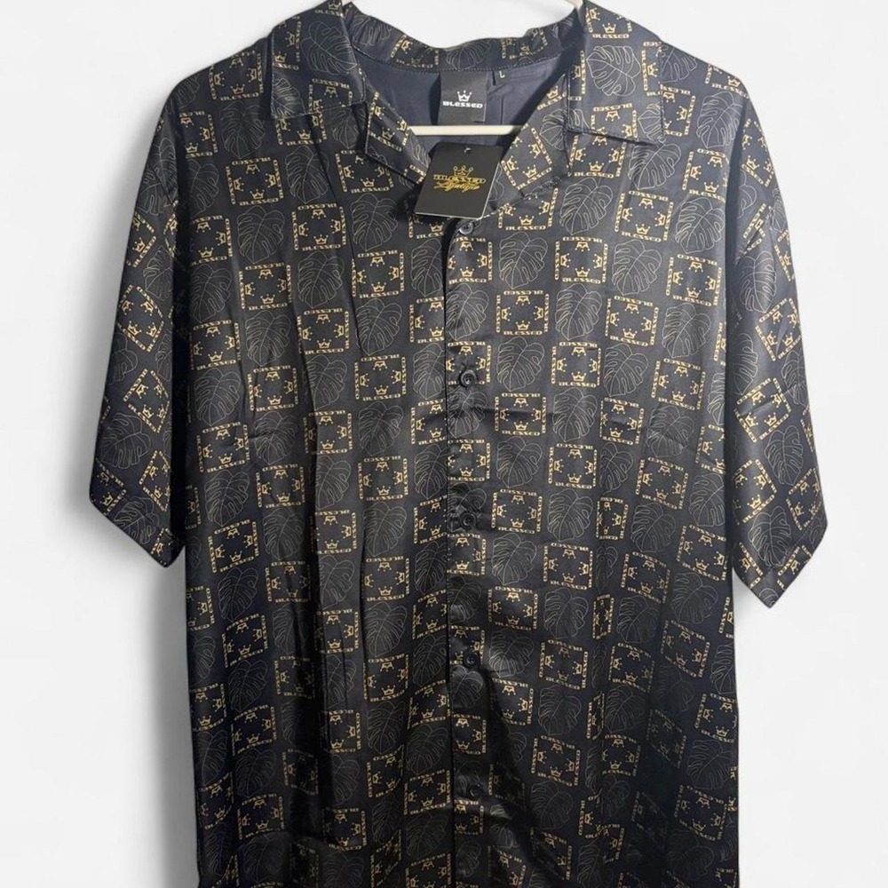 Blessed Lifestyle Black & Gold silky quilt pattern button up shirt